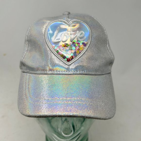 Place Hat OS Silver Holographic Heart Confetti Adjustable Snap Back Trucker - Picture 4 of 8